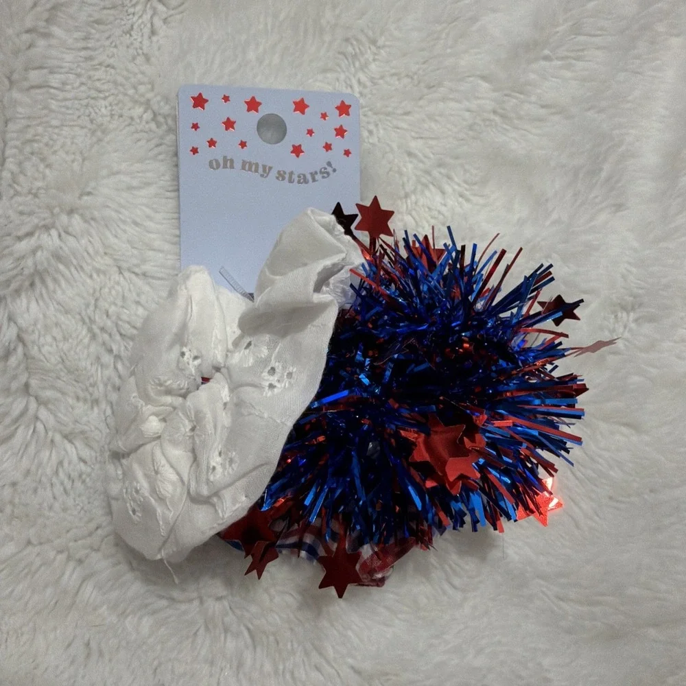 Oh My Stars Hair Scrunchie Set - Red & Blue Tinsel White Eyelet Plaid